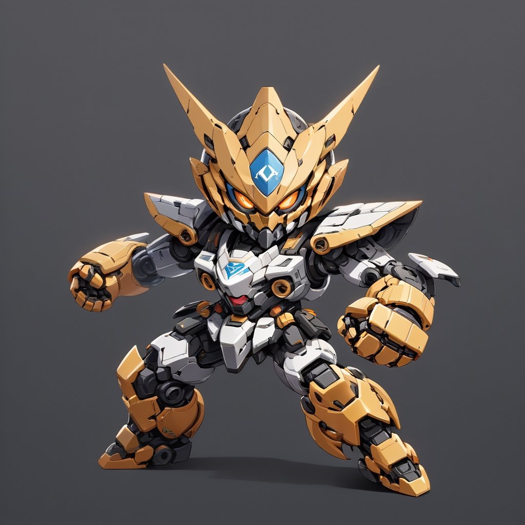 Masterpiece, 4K, ultra detailed, ((solo)), chibi style, anime style, Japanese Mecha, (MASK), (metal), dark color mecha, (fight pose), (punch), (full body), solid background, detail, ,close viewer,ROBOT,