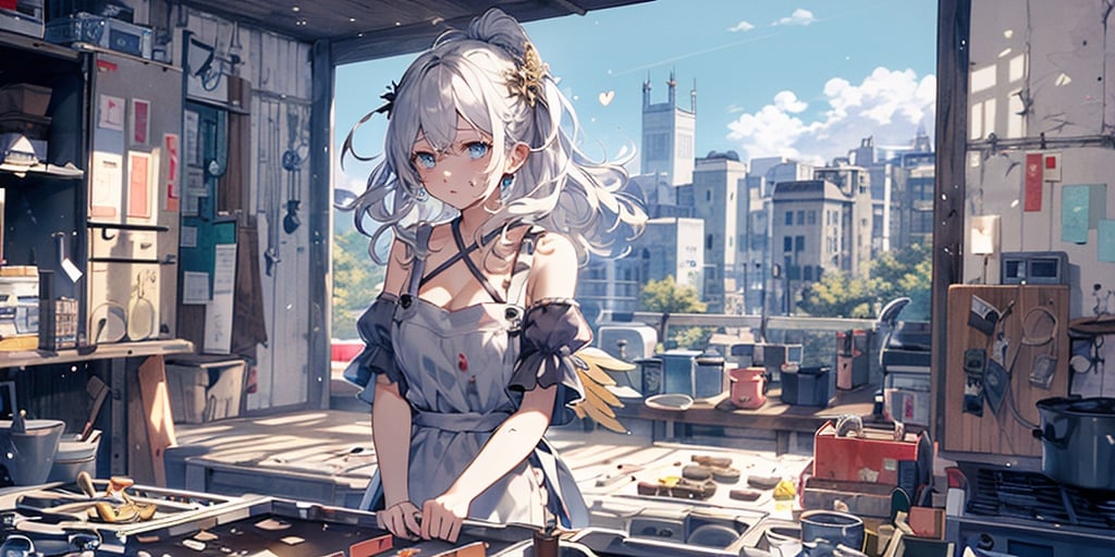 full body,masterpiece, best quality, highres, kta1,1girl, angel, white hair, long curly hair, blue eyes, two blue ribbons on her hair, (Double golden halo on her head), angel wings, ponytail, detached sleeves, cleavage, In the kitchen, bare shoulders, medium breasts, Making heart shaped chocolates, wearing an apron, background_Urban rooftop, despair, ((masterpiece)), (((best quality))), ((ultra-detailed)), ((illustration)), ((disheveled hair)),torn clothes,tearing with eyes open,solo,bandages,Gunpowder smoke,beautiful deatailed shadow, Splashing blood,dust,tyndall effect,portrait,