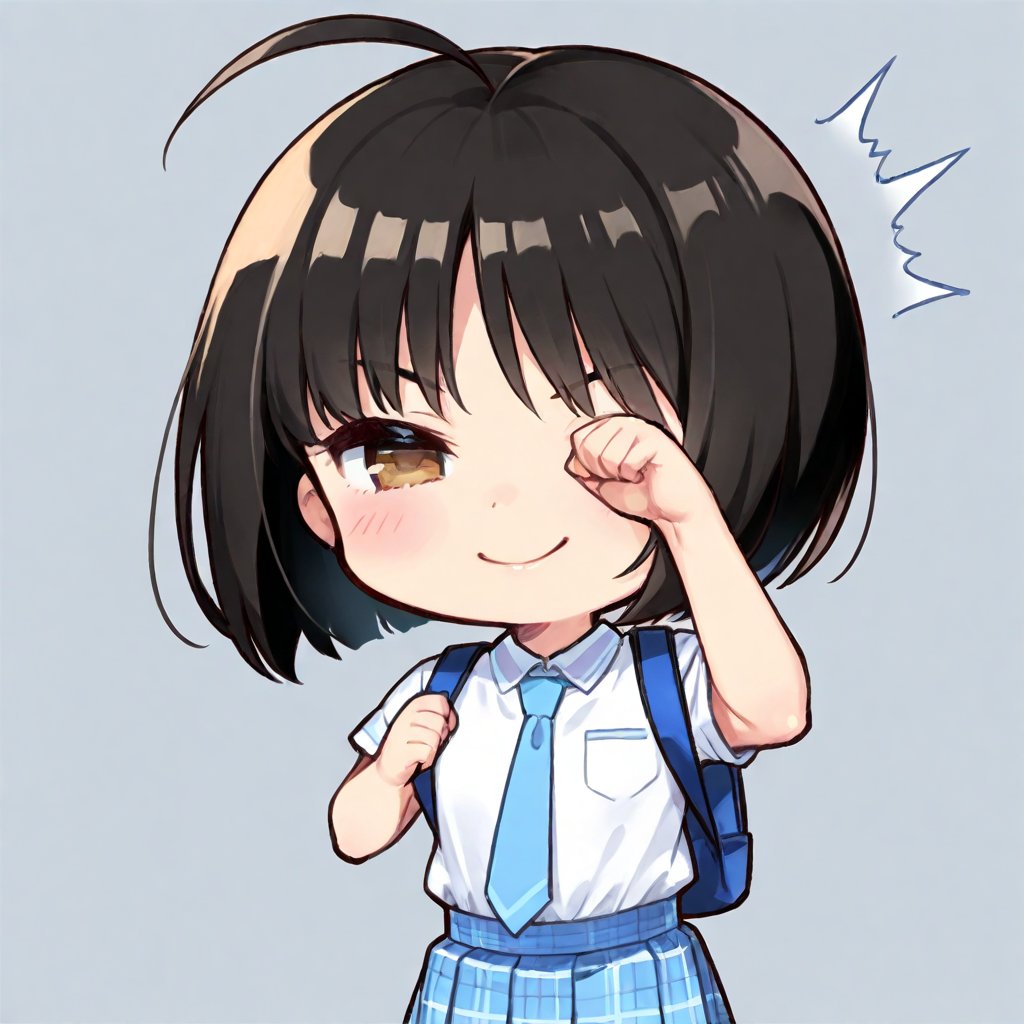 1girl, (dark black hair), brown eyes, ahoge, short hair, (striking bob cut and intense, hair covering one eye:1.2), (school uniform), tight clothes, white shirt, Short sleeve, blue tie, Blue plaid pleated skirt, light blue backpack, half-closed eyes, blush, (fighting pose), (simple school background), (eyes highlight), standing, ((upper body)), very beautiful girl, smiling, happy, himecut hairstyle, solo, (chibi), (Focus on face), 