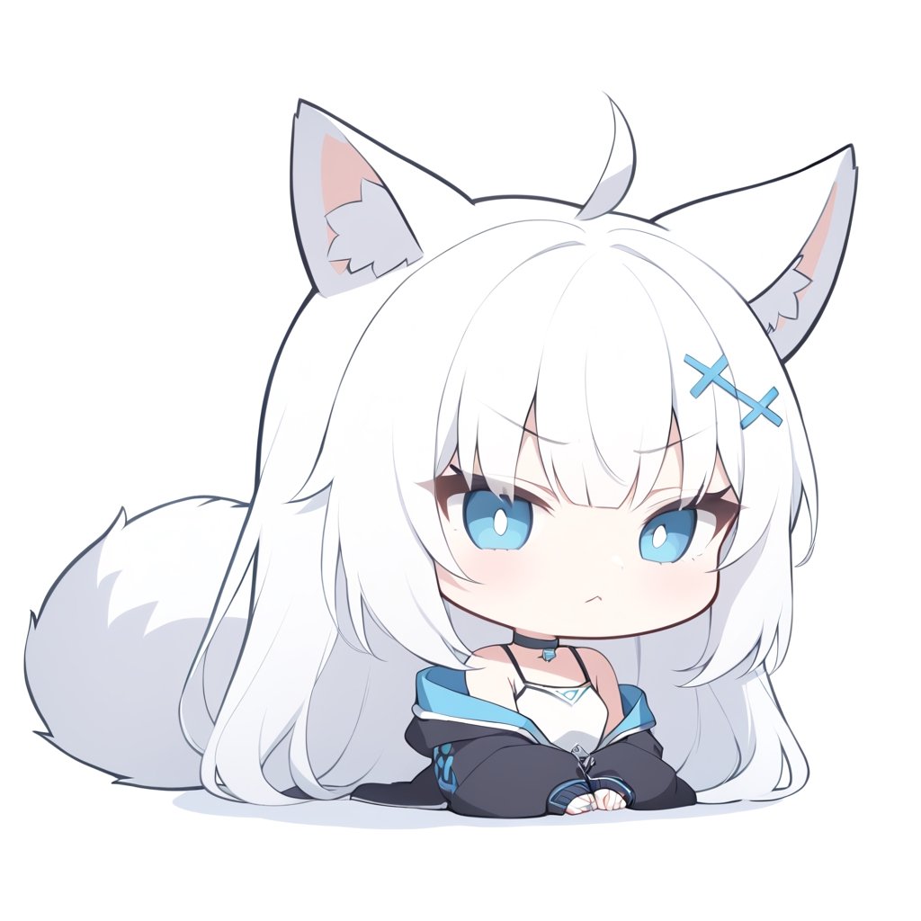 (chibi style), {{{masterpiece}}}, {{{best quality}}}, {{ultra-detailed}}, {beautiful detailed eyes},1girl, solo,  ((white hair)), very long hair, blue eyes, (straight hair), (bangs), animal ears, (stoat ears:1.2),
 Choker, ahoge, fangs, (big stoat Tail:1.2), (blue X hairpin), (White sleeveless collared dress, (midriff), blue chest bow), 
(black hooded oversized jacket:1.2), (jacket zipper half unzipped), (Off the shoulders), solo, small breasts, ((light white hair)), very long hair, (straight hair), (bangs), animal ears, (stoat ears:1.2), Choker, ahoge, fangs, (big fox Tail:1.2), (black hooded oversized jacket:1.2), (Off the shoulders), ((shadow face:1.2)), (angry eyes), (closed mouth), upper body,chibi emote style,chibi,emote, cute, looking with disgust