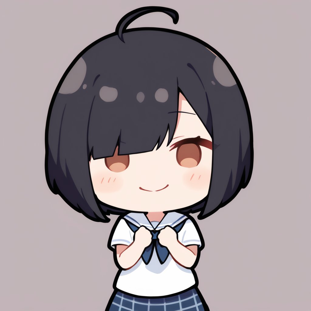 1girl, (dark black hair), brown eyes, ahoge, short hair, (striking bob cut and intense, hair covering one eye:1.2), (school uniform), tight clothes, white shirt, Short sleeve, blue tie, Blue plaid pleated skirt, light blue backpack, half-closed eyes, blush, (fighting pose), (simple school background), (eyes highlight), standing, ((upper body)), very beautiful girl, smiling, happy, himecut hairstyle, solo, (chibi), (Focus on face), 