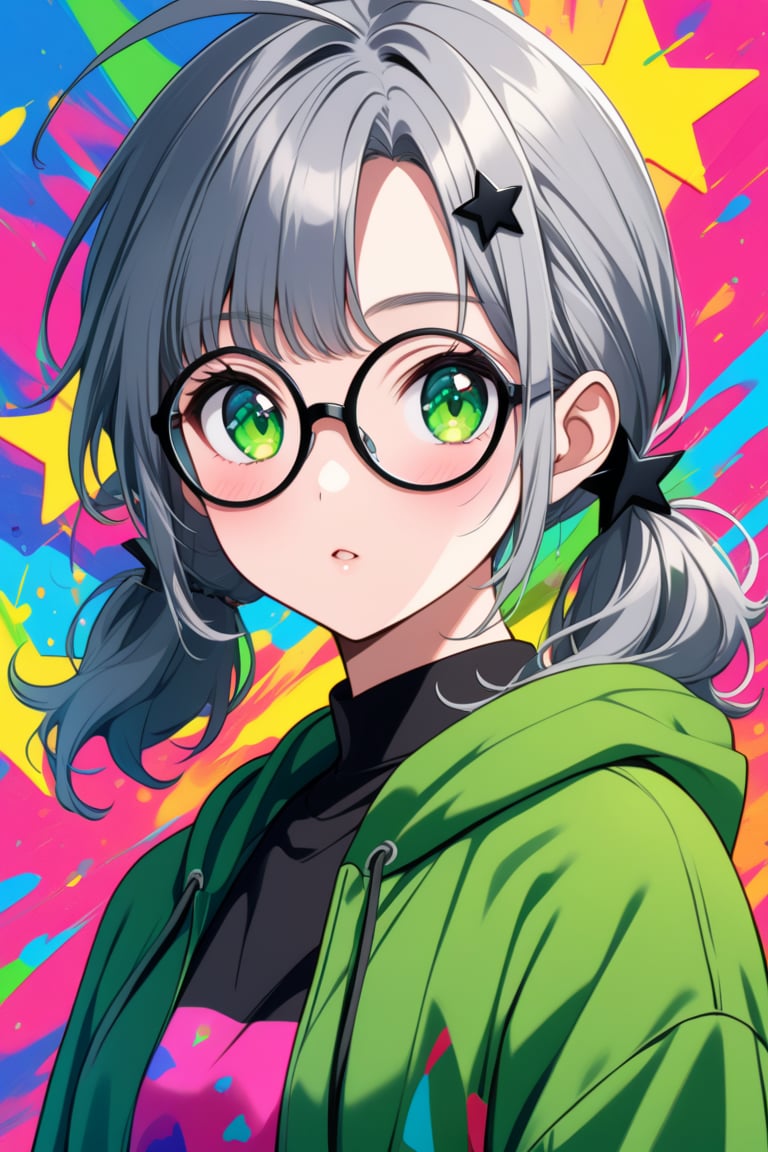 japanese cool anime,1girl, solo, (gray hair), green eyes, (short Twin ponytails:1.2), (wavy hair), ahoge, (black round frame glasses:1.2), (black star hairpin), Colorful pop art, , brightly, Beautiful green Eyes, dark green hoodie jacket, Color Splash,upper body.,Beautiful eyes,niji6