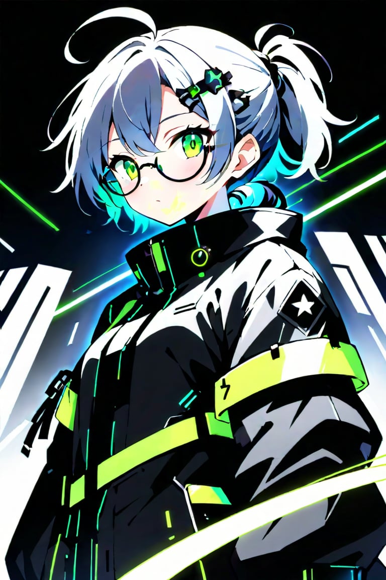 masterpiece, ultra detailed, HD, 

1girl, (gray hair), green eyes, (short ponytail:1.2), ahoge, (black round frame glasses:1.2), (black star hairpin), solo, Anime style, Japanese anime, cel shading, 

sanpaku eyes, cyberpunk costume, glowing outfit with neon lines, 

Anime Style