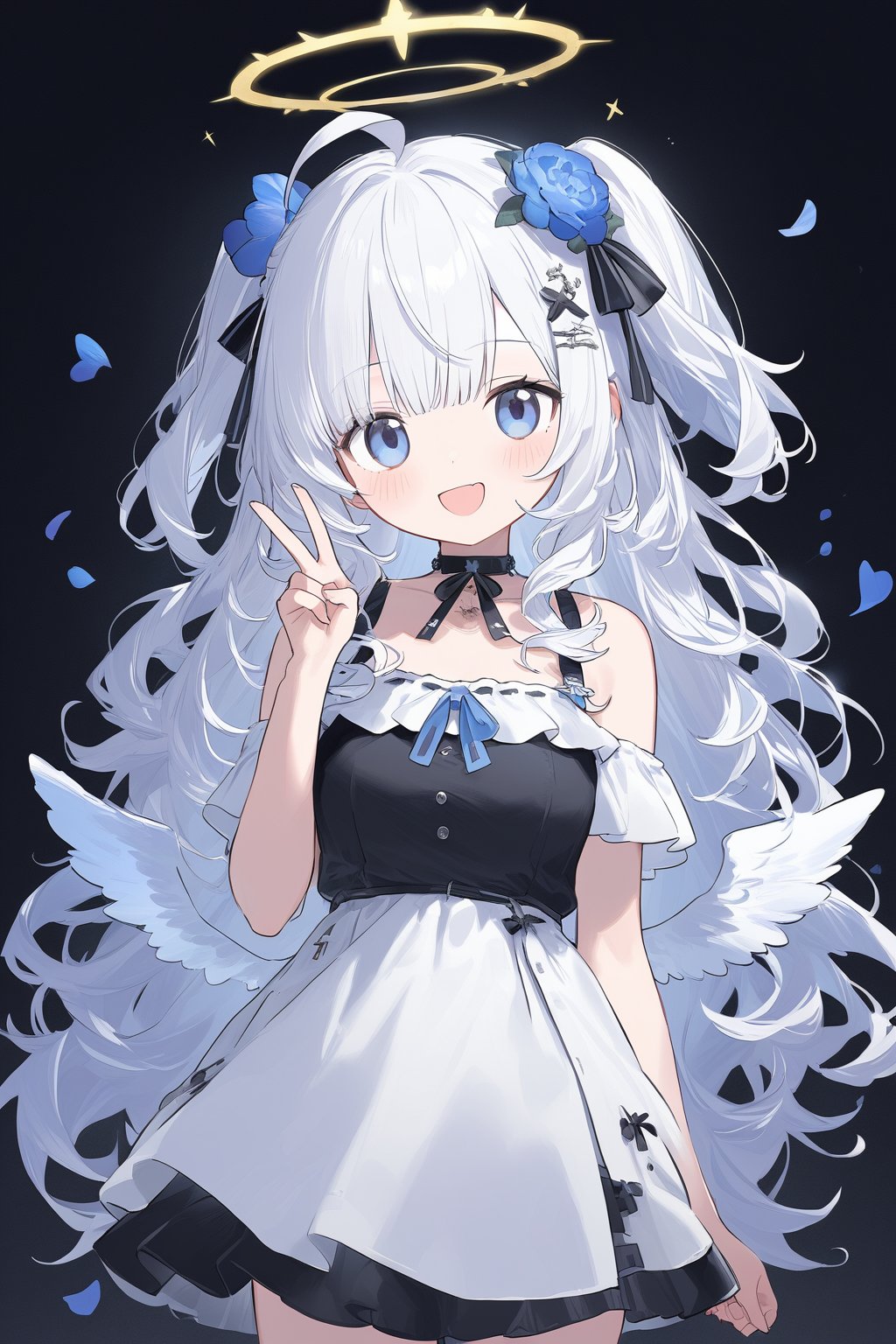 1girl, angel, white hair, long curly hair, (two side up), blue eyes,  (curly hair:1.2), (wavy hair), (hair curls)
, (bangs), (two side up), two blue hair ties on head, (Double golden halo on her head), bowtie choker, angel wings, ahoge, fang, (((white T-shirt))), virtual_youtuber, hair_ornament, solo, long_hair, dress, eyepatch, flower, looking_at_viewer, smile, ahoge, open_mouth, gothic_lolita, lolita_fashion, bare_shoulders, breasts, blush, mole_under_eye, , mole, bangs, cross, choker, v, collarbone, petals, 