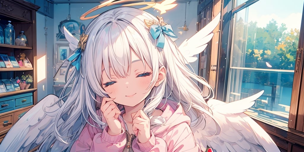 1girl, angel, white hair, long curly hair, blue eyes, two blue ribbons on her hair, (Double golden halo on her head), angel wings,, beautiful face, (eyes closed), happiness, closed mouth smile, pink lips, holding face with both hands, cute hoodie, cute room, cute interior,portrait