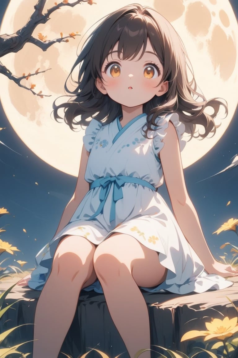 A Cute girl wearing a full moon dress sitting under the full moon admiring the moon, cute, Huge Moon, glowing moon, Japanese anime style