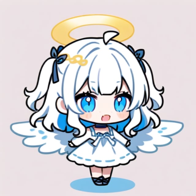 cute, kawaii, chibi, 1girl, (angel), ((white hair)), long curly hair, (two side up), blue eyes,  (curly hair:1.2), (wavy hair), (hair curls), (bangs), (two side up), two blue hair ties on head, (Double golden halo on her head), choker, ((angel wings)), ahoge, fang, White dress with blue lace trim, anime style, cute pose,chibi,simple background, flat color,dal,chibi style,Chibi Style