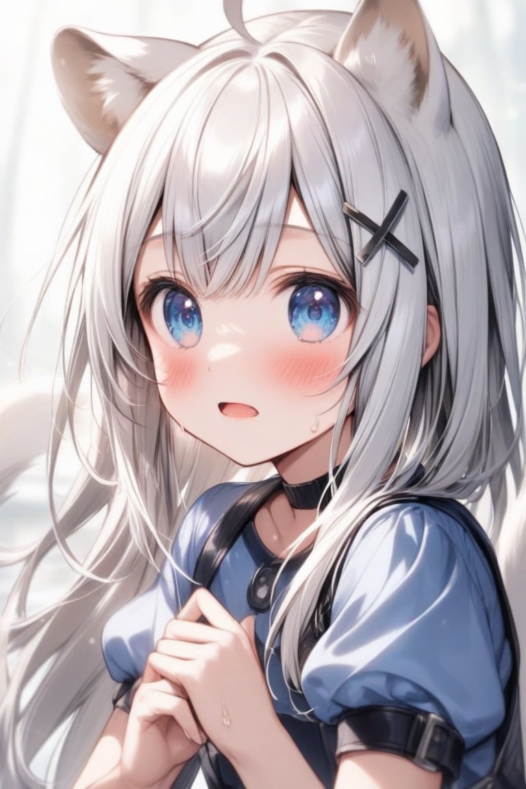 1girl, stoat girl, solo,  ((white hair)), very long hair, blue eyes, (straight hair), (bangs), animal ears, (stoat ears:1.2),
 Choker, ahoge, yaeba, (big white stoat Tail:1.2), (blue X hairpin), solo, long hair, blush, open mouth, bangs, blue eyes, shirt, underwear, upper body, short sleeves, sweat, puffy sleeves, collared shirt, puffy short sleeves, embarrassed, blue shirt