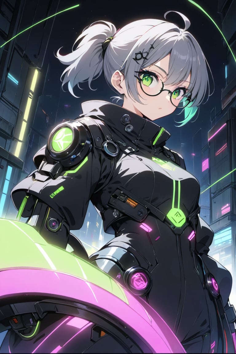 masterpiece, ultra detailed, HD, 

1girl, (gray hair), green eyes, (short ponytail:1.2), ahoge, (black round frame glasses:1.2), (black star hairpin), solo, Anime style, Japanese anime, cel shading, 

sanpaku eyes, cyberpunk costume, glowing outfit with neon lines, 

Anime Style