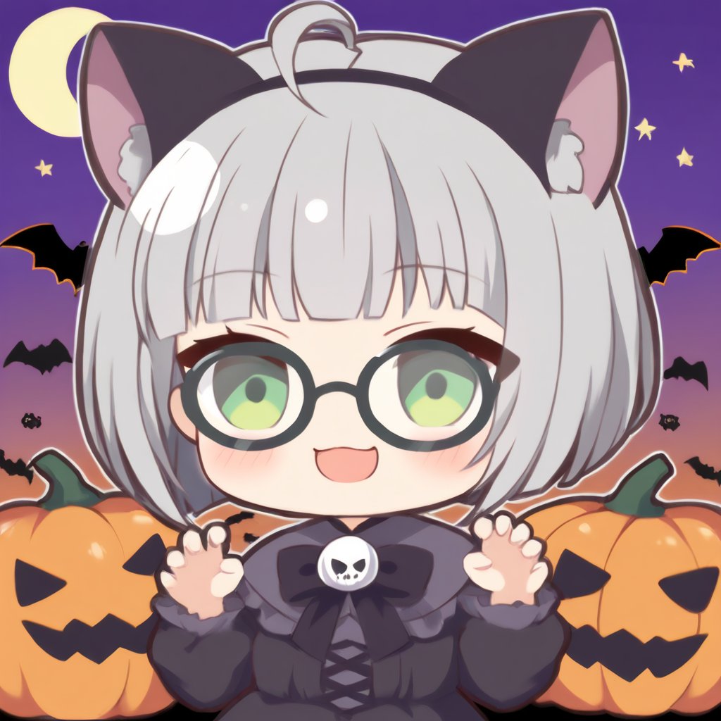 1girl, (gray hair), green eyes, ahoge, (striking bob cut and intense), (black round frame glasses:1.2), Gothic lolita style dress, cat ears, (claw pose), bats, cobweb, pumpkin lantern, moon, blush, (simple halloween background), (eyes highlight), standing, ((upper body)), very beautiful girl, smiling, happy, himecut hairstyle, solo, (chibi), (Focus on face), 