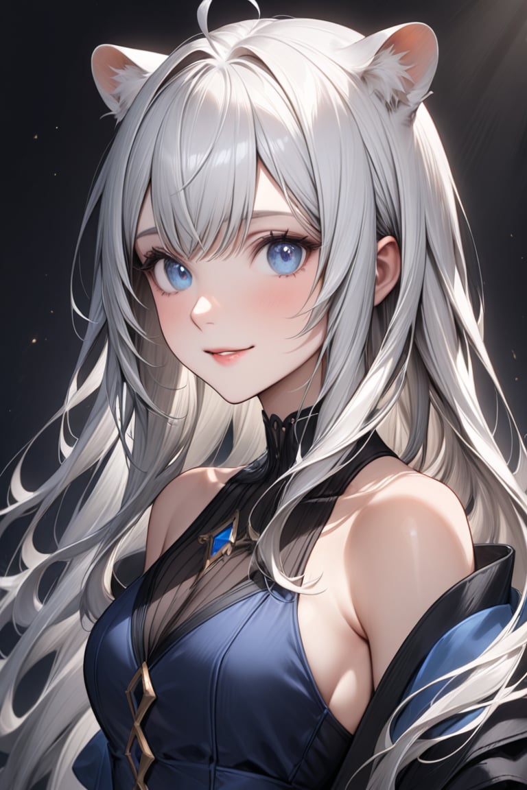 1girl, stoat girl, solo,  ((white hair)), very long hair, blue eyes, (straight hair), (bangs), animal ears, (stoat ears:1.2),
 Choker, ahoge, yaeba, (big white stoat Tail:1.2), (blue X hairpin), Beautiful girl. She is very badass, she wears a very fancy evening dress. detailed image, detailed skin, very close-up. Himecut hairstyle, silver brushtrokes in background.,Eyes,Beautiful eyes,INK,Detail