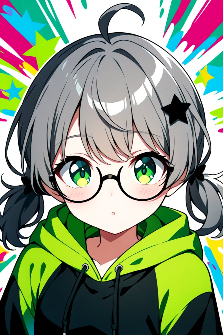 japanese cool anime,1girl, solo, (gray hair), green eyes, (short Twin ponytails:1.2), (wavy hair), ahoge, (black round frame glasses:1.2), (black star hairpin), Colorful pop art, , brightly, Beautiful green Eyes, dark green hoodie jacket, Color Splash,upper body.,Beautiful eyes,niji6