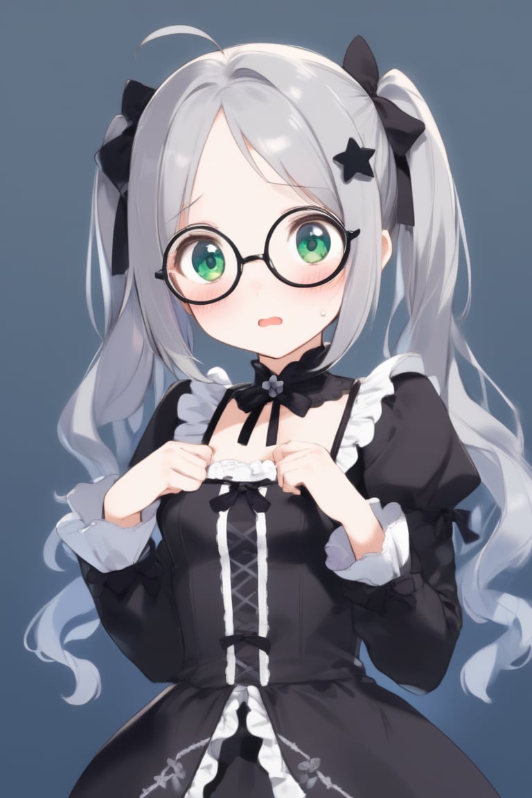  1girl, solo, (gray hair), green eyes, (short Twin ponytails:1.2),  (wavy hair), ahoge, (black round frame glasses:1.2), (black star hairpin), solo, blush, open mouth, Center parted bangs, forehead, lolita_fashion, middle chest, tiny body, cute gothic dress, upper body, sweat, embarrassed,