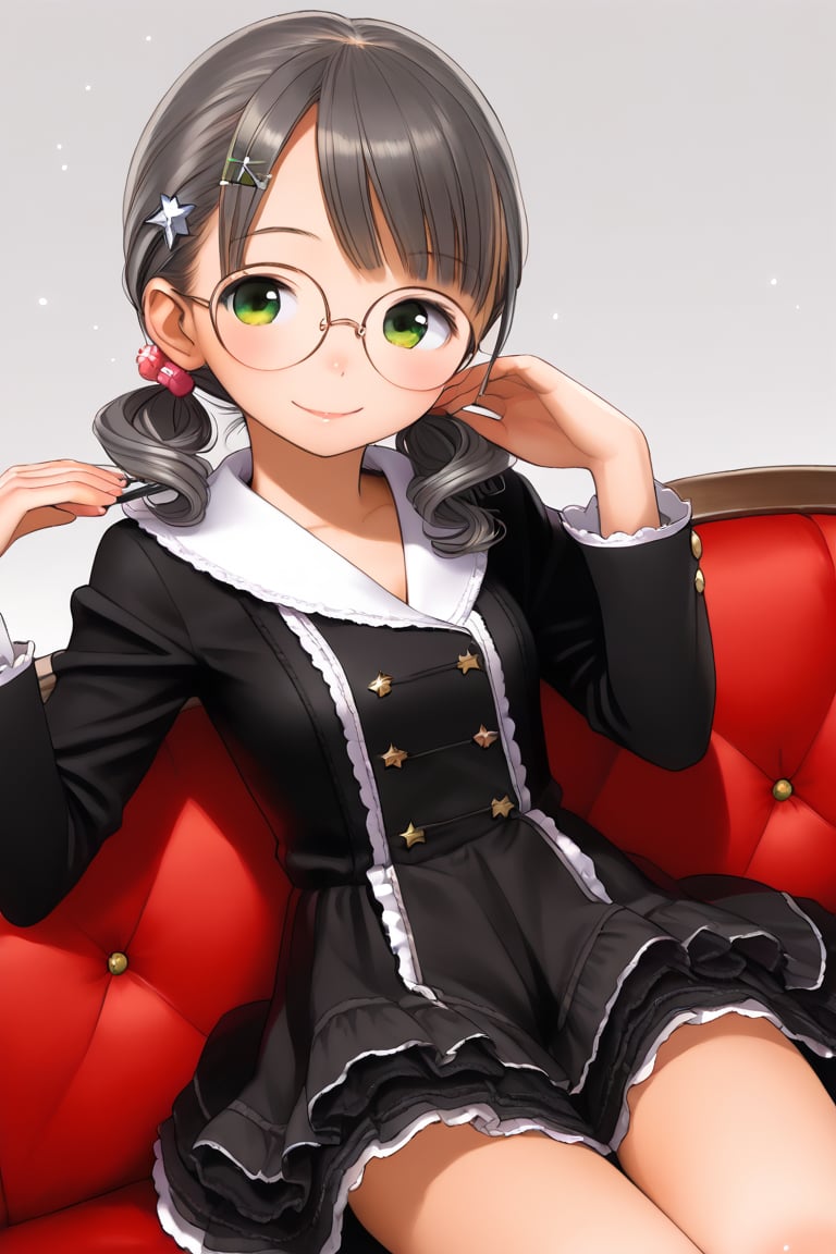 1girl, (gray hair), green eyes, (short hair and cute pigtails:1.2), wavy_hair, (black round frame glasses:1.2), (black star hairpin), (gakuran:1.2), long sleeve uniform, Short skirt, (happy), (indoor), (eyes highlight), very beautiful girl, very cute face, (Medium chest), sway back, half-closed eyes, :), sitting on sofa, cute pose, headtilt, masterpiece quality, masterpiece, 8K, stunning image, light particles, attractive image, reflections, Dutch Angle Shot,Beautiful eyes,