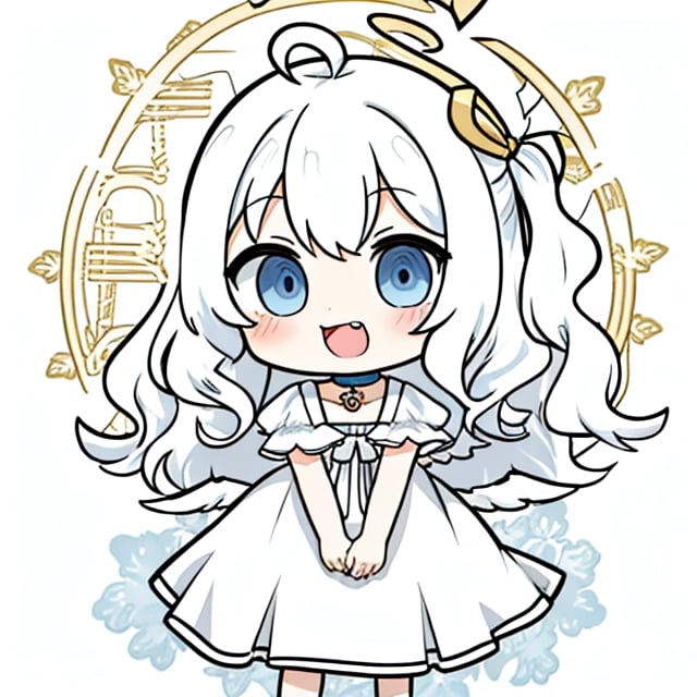 cute, kawaii, chibi, 1girl, angel, ((white hair)), long curly hair, (two side up), blue eyes,  (curly hair:1.2), (wavy hair), (hair curls), (bangs), (two side up), two blue hair ties on head, (Double golden halo on her head), choker, angel wings, ahoge, fang, White dress with blue trim,anime style,chibi,line anime