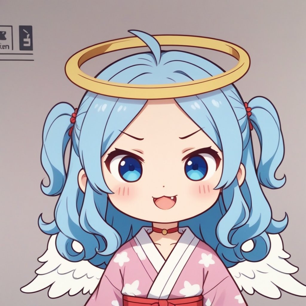 (chibi:1.3), masterpiece, made by a master, 4k, perfect anatomy, perfect details, best quality, high quality, lots of detail.
(solo), 1girl, angel, white hair, long curly hair, (two side up), blue eyes, (curly hair:1.2), (wavy hair), (hair curls), (bangs), (two side up), two blue hair ties on head, (Double golden halo on her head), bowtie choker, angel wings, ahoge, fang, (cute yukata, colorful yukata), smiling, single, (((>_<:1.4))), (upper body) ,Emote Chibi. cute comic,simple background, flat color, Cute girl,dal,Chibi Style,lineart,comic book,score_9,score_8_up,score_7_up,source_anime