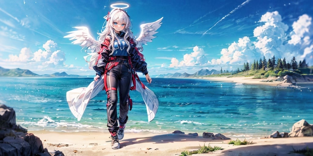  (Best Picture Quality, High Quality, Best Picture Score: 1.3), , Perfect Beauty Score: 1.5, long hair, 1 angel girl, (solo), ((white hair)), (long curly hair), blue eyes, ((two blue ribbons on her hair)), (Double golden halo on her head), (angel wings), (cute outfit), wearin explorer clothing, gadventure clothing, adventure wear, adventure pants, Going on an adventure, many wild animals, on an isolated island, (full_body), beautiful, cute, masterpiece, best quality,perfect light,