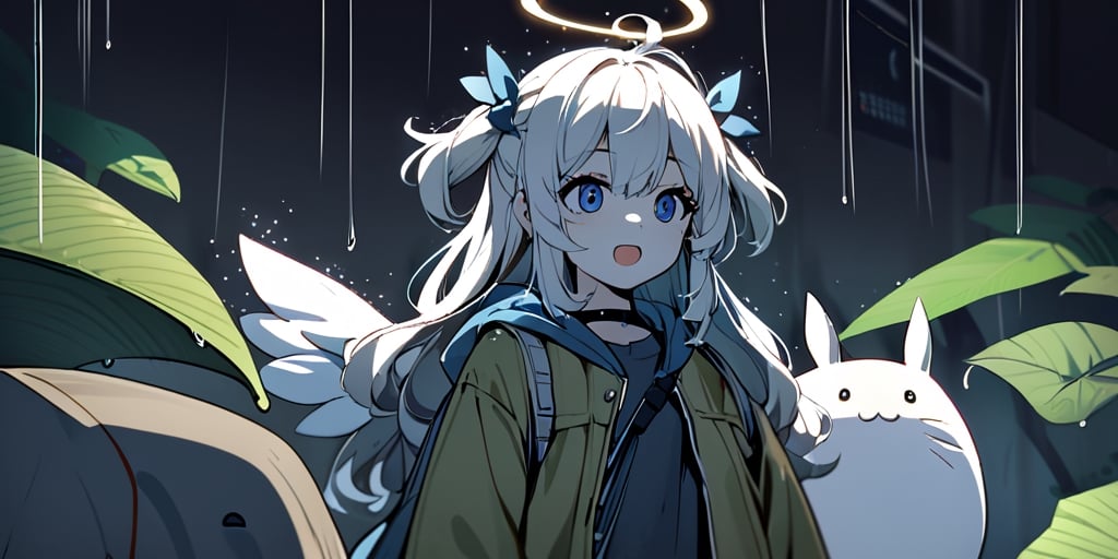 digital painting,1girl, angel, white hair, long curly hair, (two side up), blue eyes, two blue bows on head, (Double golden halo on her head), choker, angel wings on back, ahoge, Using huge leaves to block the rain, Wearing grey Hooded T-shirt, long sleeves, is looking up at the kamera with a surprised expression, cute smile. best smile, open mouth, outdoor, night, countryside,
rain, forest, Under the big tree, bus station, standing with (totoro), (big totoro) with umbrella,Blustery, dark background,Flat vector art, Anime
masterpiece, best quality, aethetic, jacket,  solo,aesthetic,