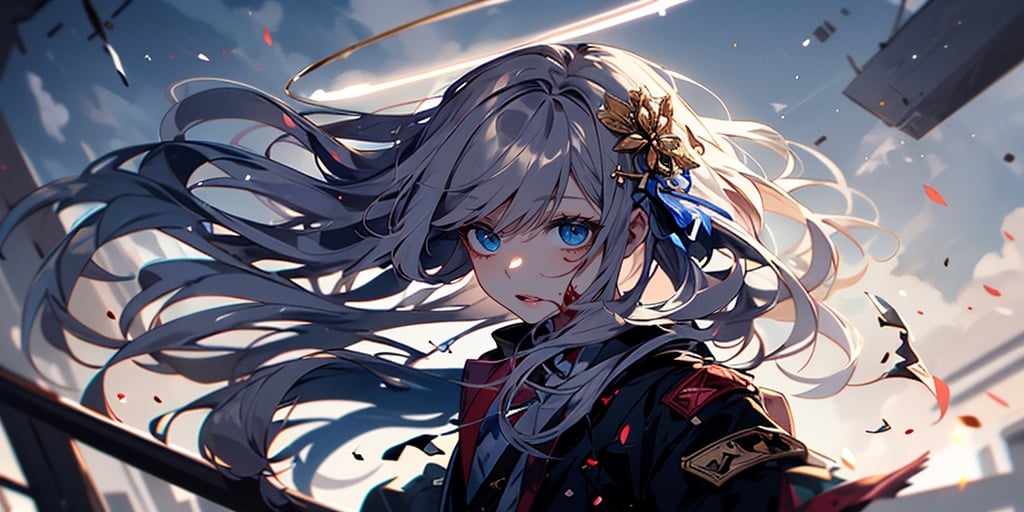 full body,Blood Mist, background_Urban rooftop,1girl, angel, with sliver long curly hair, blue eyes, two blue ribbons on her hair, (Double golden halo on her head), angel wings, despair,blood sakura,((masterpiece)), (((best quality))), ((ultra-detailed)), ((illustration)), ((disheveled hair)),Blood Cherry Blossom,torn clothes,tearing with eyes open,solo,Blood Rain,bandages,Gunpowder smoke,beautiful deatailed shadow, Splashing blood,dust,tyndall effect,portrait,