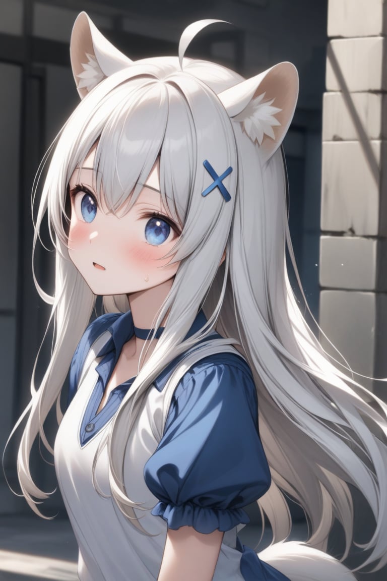 1girl, stoat girl, solo,  ((white hair)), very long hair, blue eyes, (straight hair), (bangs), animal ears, (stoat ears:1.2),
 Choker, ahoge, yaeba, (big white stoat Tail:1.2), (blue X hairpin), solo, long hair, blush, open mouth, bangs, blue eyes, shirt, underwear, upper body, short sleeves, sweat, puffy sleeves, collared shirt, puffy short sleeves, embarrassed, blue shirt