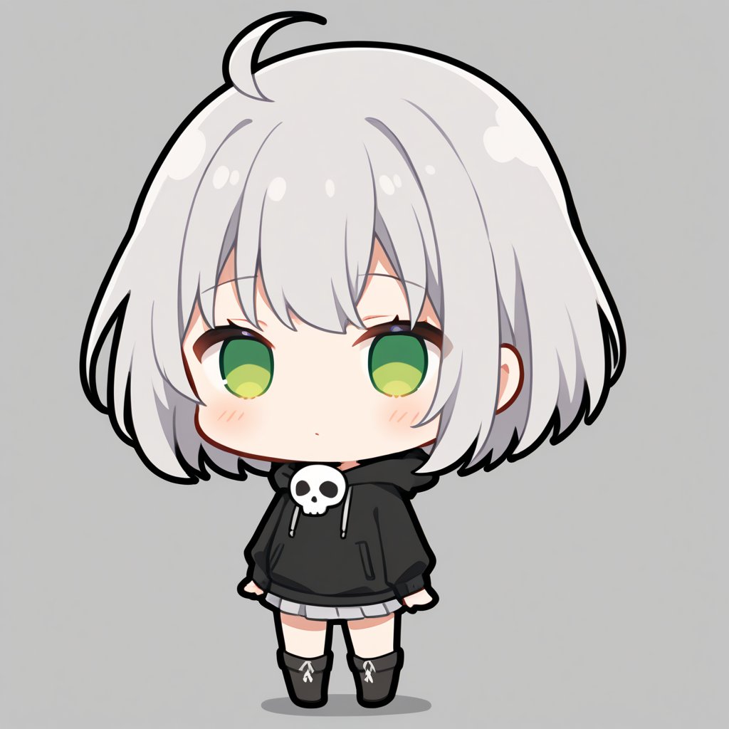 1girl, (gray hair), green eyes, short hair, (Bob Hair), ahoge, (Wearing a skull mask:1.2), (hooded cloak, (Hood Down)), dress, Short skirt, boots, ((hood down)), standing, solo, (chibi, head only), (Focus on face), simple white background,