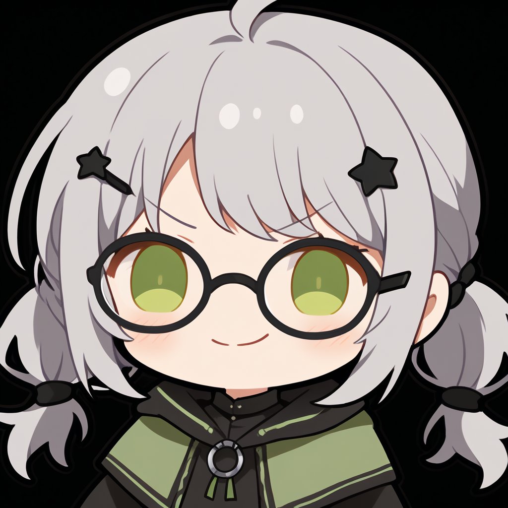 1girl, 1girl, (gray hair), green eyes, (short Twin ponytails:1.2), ahoge, (black round frame glasses:1.2), (black star hairpin), hooded cloak, Hood Down, long sleeve shirt top,Short skirt, boots, solo, (chibi, head only), blush, (close-up portrait), (smug face), Upper Body, (Focus on face), simple white background,