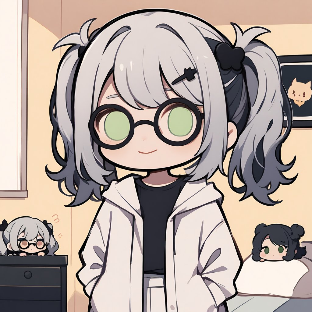 1girl, (gray hair), green eyes, long hair, ( pigtails:1.2), (black round frame glasses:1.2), (black star hairpin), (casual wear), collarbone, (Knight Coat), cotton pants, (happy), (in room), indoor, (eyes highlight), standing, ((upper body)), very beautiful girl, Sleepy eyes, closed mouth, :), himecut hairstyle, solo, (chibi), (Focus on face),((Chibi character))