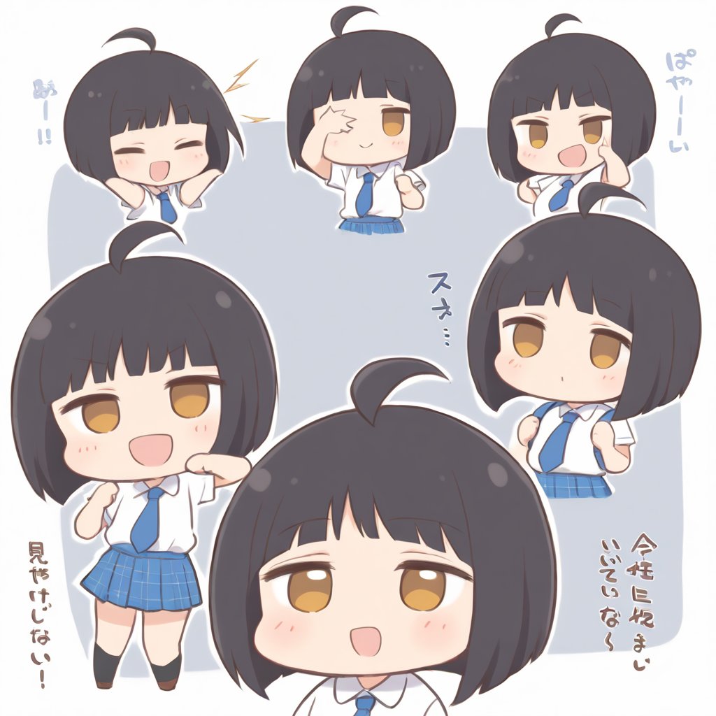 1girl, (dark black hair), brown eyes, ahoge, short hair, (striking bob cut and intense, hair covering one eye:1.2), (school uniform), tight clothes, white shirt, Short sleeve, blue tie, Blue plaid pleated skirt, light blue backpack, half-closed eyes, blush, (fighting pose), (simple school background), (eyes highlight), standing, ((upper body)), very beautiful girl, smiling, happy, himecut hairstyle, solo, (chibi), (Focus on face), 