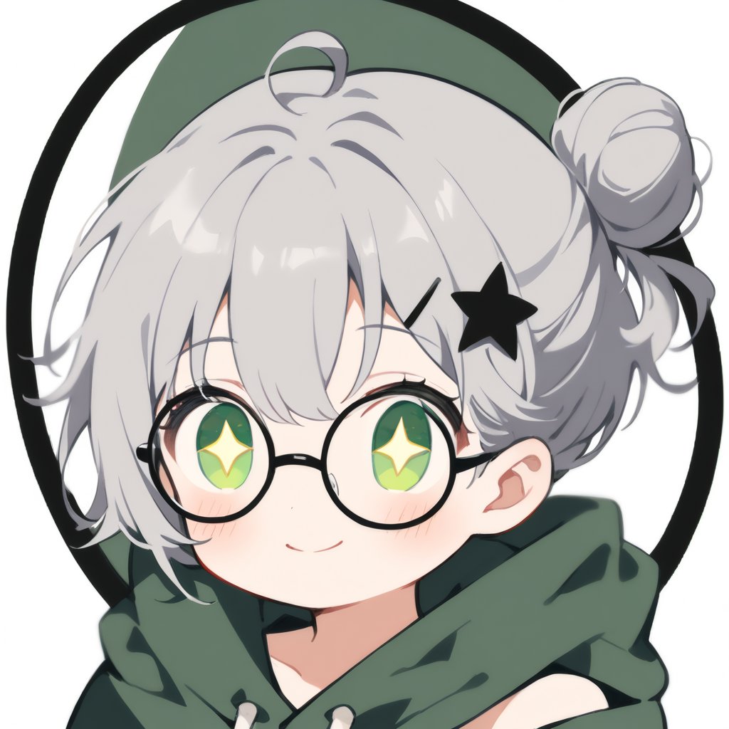 1girl, (gray hair), green eyes, short hair, ahoge, (black round frame glasses:1.2), (black star hairpin), dark green hooded cloak, Hood Down, dress, Short skirt, boots, ((Half Bun :1.2)), ((Off the shoulders:1.2)), solo, smiling, blush, (close-up portrait), ((sparkling eyes)), Upper Body, (Focus on face), simple white background,