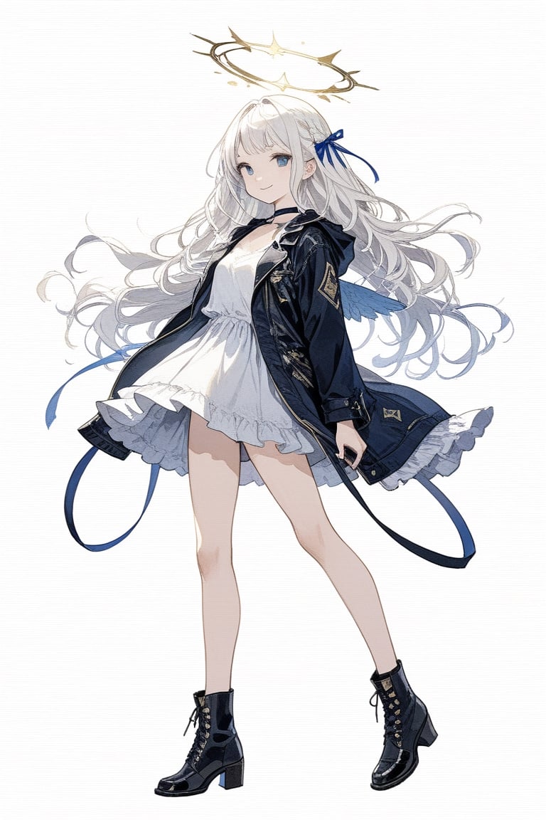 1girl, angel, white hair, long curly hair, two side up, Bangs, blue eyes, two blue ribbons on her hair, (Double golden halo on her head), choker, angel wings, blue choker, black footwear, blue background, boots, full body, jacket, looking back, open clothes, open jacket, simple background, smile, solo, standing, very long hair, masterpiece, best quality, aesthetic, realistic, 