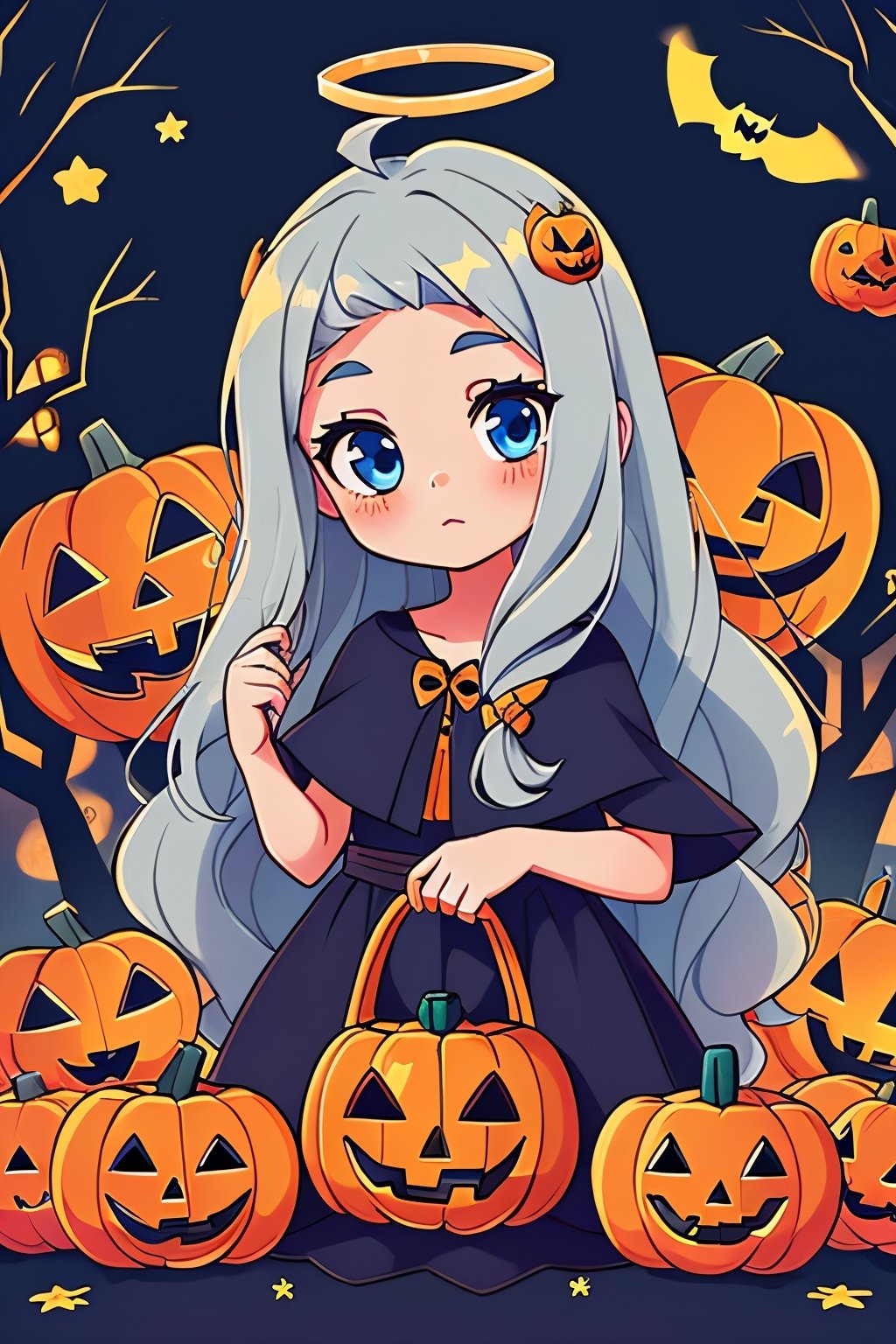 1girl,angel, with sliver long curly hair, blue eyes, two blue ribbons on her hair, (Double golden halo on her head), halloween style, witch clothes, pumpkins, high_res 