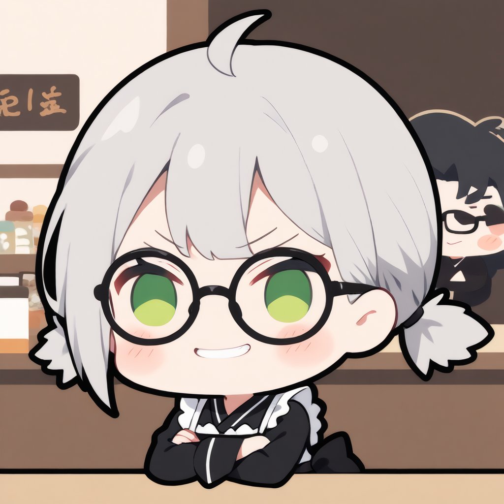 1girl, solo, (gray hair), green eyes, ahoge, (low-pigtail hairs:1.2), (black round frame glasses:1.2), (Arms Crossed), (Japanese Taisho maid costume:1.2), , blush, (In a Japanese cafe), (eyes highlight), standing, ((upper body)), very beautiful girl, crazy smiling, slightly angry, himecut hairstyle, solo, (chibi), (Focus on face), chibi style