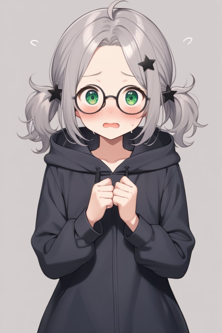  1girl, solo, (gray hair), green eyes, (short Twin ponytails:1.2),  curly hair, ahoge, (black round frame glasses:1.2), (black star hairpin), solo, blush, open mouth, Center parted bangs, forehead, hooded cloak, Hood Down, long sleeve shirt top, Short skirt, boots, upper body, sweat, embarrassed,