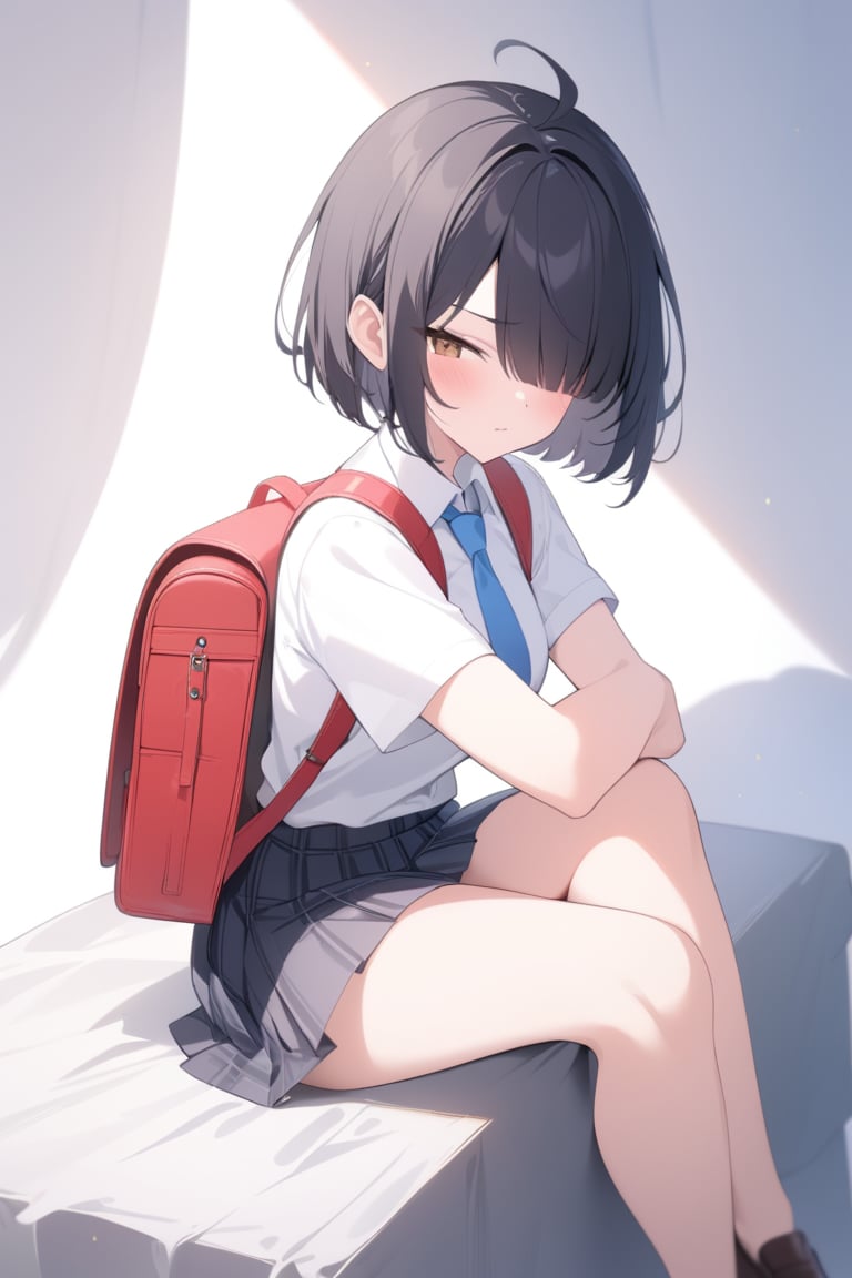 1girl, (dark black hair), brown eyes, ahoge, short hair, (striking bob cut and intense, hair covering one eye:1.2),  (school uniform), tight clothes, white shirt, Short sleeve, blue tie, Blue plaid pleated skirt, backpack, half-closed eyes, solo focus, standing, annoyed, looking down at viewer, see-through silhouette, blush, (simple background), (eyes highlight), ((sit cross-legged:1.2)), very beautiful girl, himecut hairstyle, masterpiece quality, stunning image, masterpiece, 8K, stunning image, light particles, attractive image, reflections,  \medium\,Beautiful eyes,