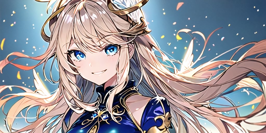 1girl, angel, with sliver long curly hair, blue eyes, two blue ribbons on her hair, (Double golden halo on her head), angel wings, perfecteyes, mage clothing, evil smirk,perfect light,portrait