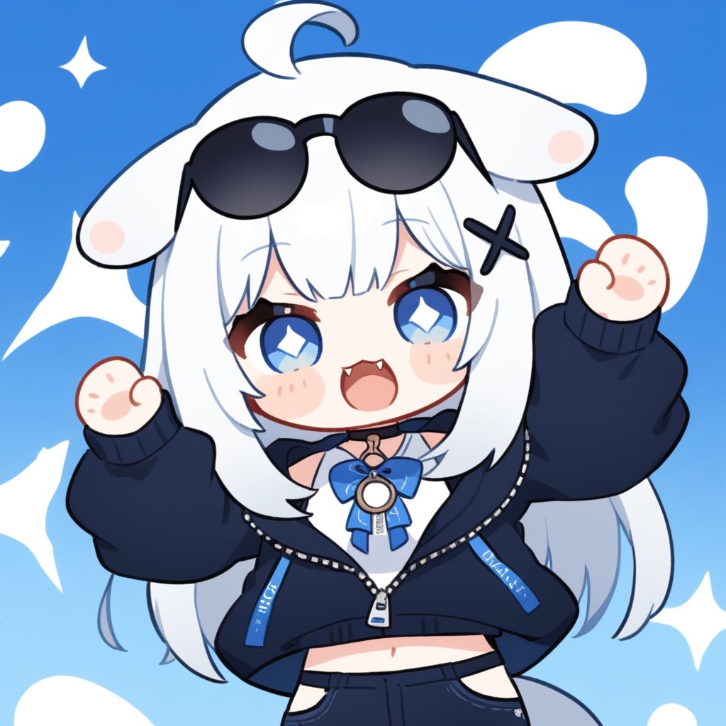 (chibi style), {{{masterpiece}}}, {{{best quality}}}, {{ultra-detailed}}, {beautiful detailed eyes}1girl, solo,  ((white hair)), very long hair, blue eyes, (straight hair), (bangs), animal ears, (stoat ears:1.2),
 Choker, ahoge, fangs, (big stoat Tail:1.2), (blue X hairpin), (White sleeveless collared dress, (midriff), (blue chest bow)), 
(black hooded oversized jacket:1.2), (jacket zipper half unzipped), (Off the shoulders), (rapping), (black sunglasses), upper body,chibi emote style,chibi,emote, cute,Emote Chibi,anime,cute comic,