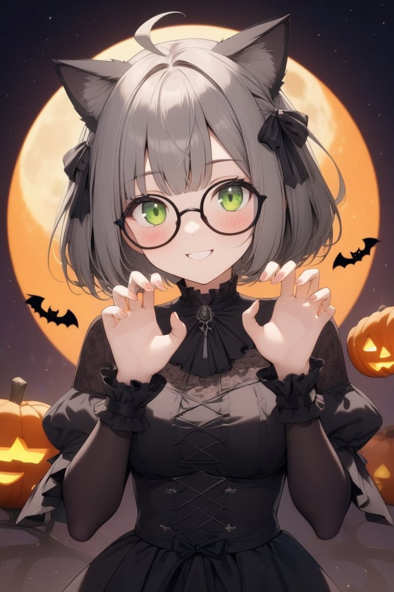 1girl, (gray hair), green eyes, ahoge, (striking bob cut and intense), (black round frame glasses:1.2), Gothic lolita style dress, cat ears, , (claw pose), bats, cobweb, pumpkin lantern, moon, blush, (simple halloween background), (eyes highlight), standing, ((upper body)), very beautiful girl, smiling, happy, himecut hairstyle, masterpiece quality, stunning image, masterpiece, 8K, stunning image, light particles, attractive image, reflections,  \medium\,Beautiful eyes,