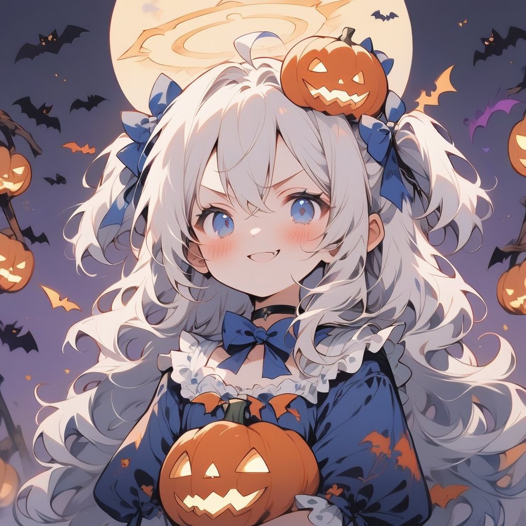 1girl, angel, white hair, long curly hair, (two side up), blue eyes, two blue bows on head, (Double golden halo on her head), choker, angel wings on back, ahoge, , (vampire style dress), (Arms Crossed), bats, cobweb, pumpkin lantern, moon, blush, (simple halloween background), (eyes highlight), standing, ((upper body)), very beautiful girl, smiling, slightly angry, himecut hairstyle, solo, (chibi), (Focus on face),((Chibi character))