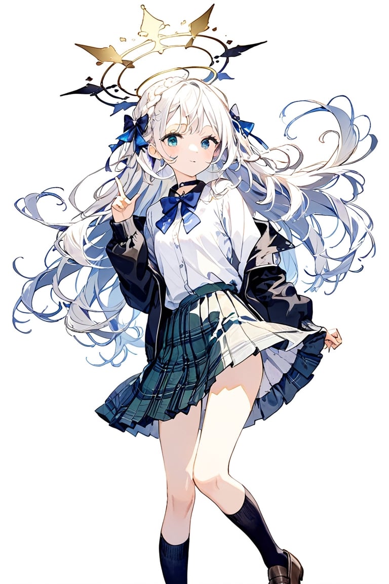 a cute girl,1girl, angel, white hair, long curly hair, ((two side up)), blue eyes, (two blue bows on head), (Double golden halo on her head), choker, angel wings on back, ahoge, shirt, long sleeves, white background, closed mouth, standing,  jacket, full body, braid, pleated skirt, open clothes, shoes, socks, collared shirt, hand up, open jacket, plaid, plaid skirt, brown footwear, cardigan, wing collar, green skirt, black socks, loafers, index finger raised, white shirt,striking a pose with index finger on the chin, indicating confidence or feeling suave,:d,natural light,blush,Mid-shot,masterpiece, best quality, aethetic,（head tilt：1.2）,