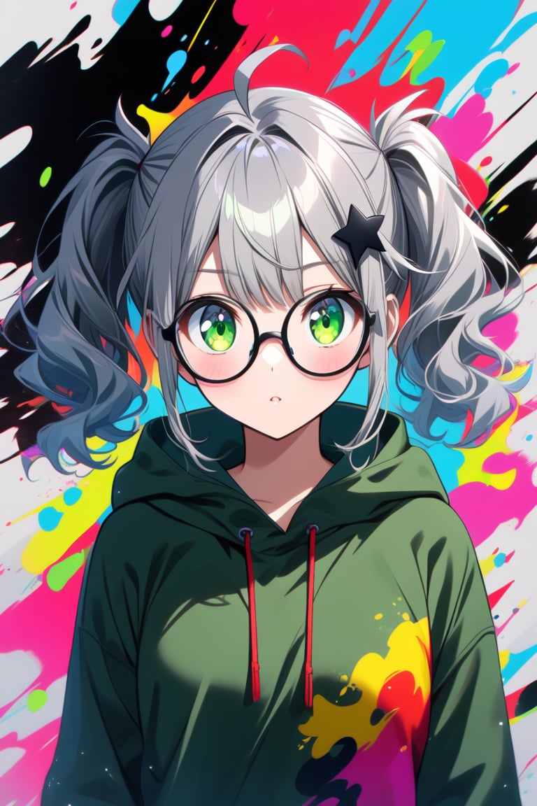 japanese cool anime,1girl, solo, (gray hair), green eyes, (short Twin ponytails:1.2), (wavy hair), ahoge, (black round frame glasses:1.2), (black star hairpin), Colorful pop art, , brightly, Beautiful green Eyes, dark green hoodie jacket, Color Splash,upper body.,Beautiful eyes,niji6