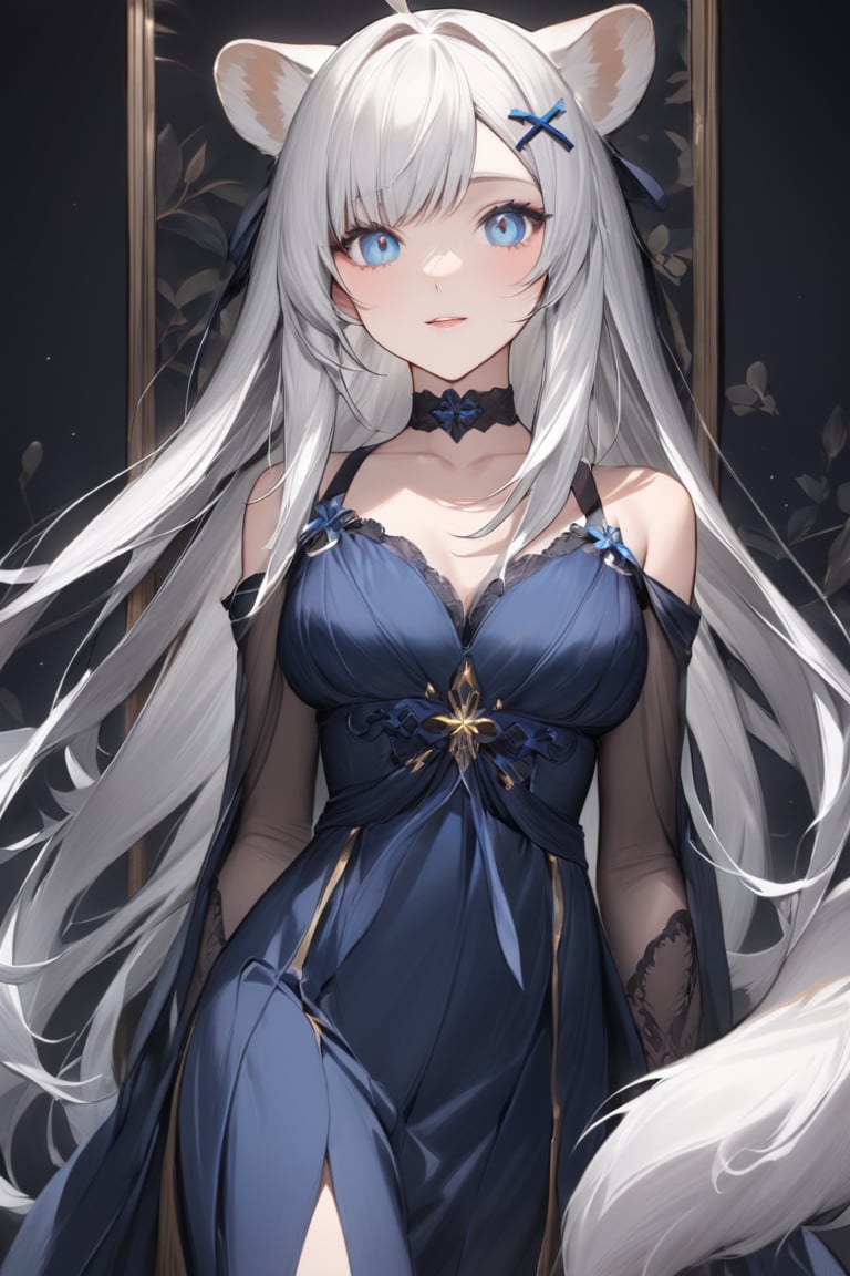 1girl, stoat girl, solo,  ((white hair)), very long hair, blue eyes, (straight hair), (bangs), animal ears, (stoat ears:1.2),
 Choker, ahoge, yaeba, (big white stoat Tail:1.2), (blue X hairpin), Beautiful girl. She is very badass, she wears a very fancy evening dress. detailed image, detailed skin, very close-up. Himecut hairstyle, silver brushtrokes in background.,Eyes,Beautiful eyes,INK,Detail