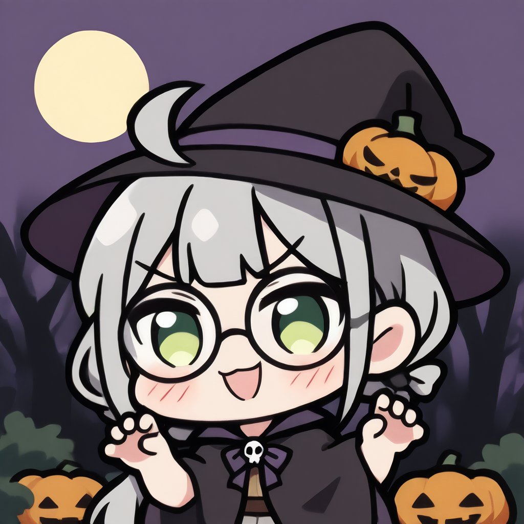 1girl, solo, (gray hair), green eyes, ahoge, (low-pigtail hairs:1.2), (black round frame glasses:1.2), (Witch hat), (Witch cloak), Witch dress, (cute pose), cobweb, (skull), pumpkin lantern, moon, blush, (In the forest at night), (eyes highlight), standing, ((upper body)), very beautiful girl, crazy smiling, slightly angry, himecut hairstyle, solo, (chibi), (Focus on face), chibi style