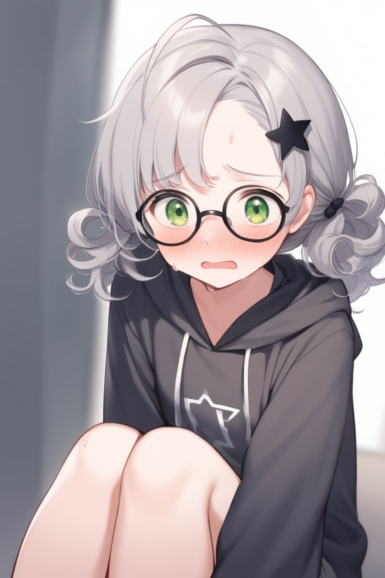  1girl, solo, (gray hair), green eyes, (short Twin ponytails:1.2),  (curly hair:1.2), ahoge, (black round frame glasses:1.2), (black star hairpin), solo, blush, open mouth, Center parted bangs, forehead, hooded cloak, Hood Down, long sleeve shirt top, Short skirt, boots, upper body, sweat, embarrassed,