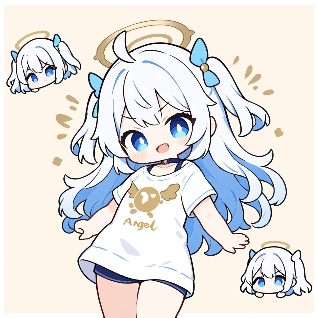 chibi, sd, masterpiece, made by a master, 4k, perfect anatomy, perfect details, best quality, high quality, lots of detail.
1girl, ((angel)), (white hair), long curly hair, (two side up), blue eyes,  (curly hair:1.2), (wavy hair), (hair curls), (bangs), (two side up), two ((blue)) hair ties on head, (Double golden halo on her head), choker, ((angel wings)), ahoge,white t-shirt, Short pants, single, looking at viewer, smiling, fang, happy, slightly angry, chibi, Emote Chibi. simple background, Line,cute comic,simple background, flat color,chibi,Cute girl,dal,Emote Chibi,chibi style,Chibi Style,lineart,