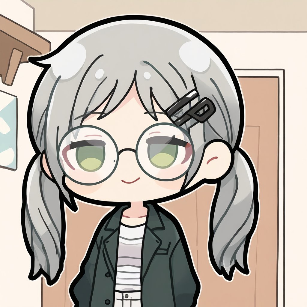 1girl, (gray hair), green eyes, long hair, ( pigtails:1.2), (black round frame glasses:1.2), (black star hairpin), (casual wear), collarbone, (Knight Coat), cotton pants, (happy), (in room), indoor, (eyes highlight), standing, ((upper body)), very beautiful girl, Sleepy eyes, closed mouth, :), himecut hairstyle, solo, (chibi), (Focus on face),((Chibi character)), chibi style