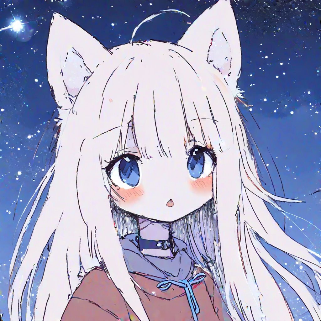 1girl, stoat girl, solo,  ((white hair)), very long hair, blue eyes, (straight hair), (bangs), animal ears, (stoat ears:1.2),
 Choker, ahoge, yaeba, (big white stoat Tail:1.2), (blue X hairpin), beautiful, long hair,casual outfit, outdoors, looking at viewer, medium hair, close view,starry sky, sky, night,,noc-space,anime