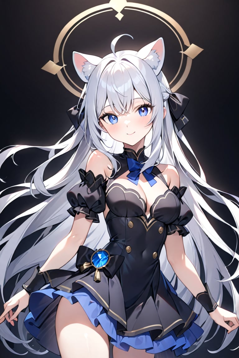 1girl, stoat girl, solo,  ((white hair)), very long hair, blue eyes, (straight hair), (bangs), animal ears, (stoat ears:1.2),
 Choker, ahoge, yaeba, (big white stoat Tail:1.2), (blue X hairpin), Beautiful girl. She is very badass, she wears a very fancy evening dress. detailed image, detailed skin, very close-up. Himecut hairstyle, silver brushtrokes in background.,Eyes,Beautiful eyes,INK,Detail