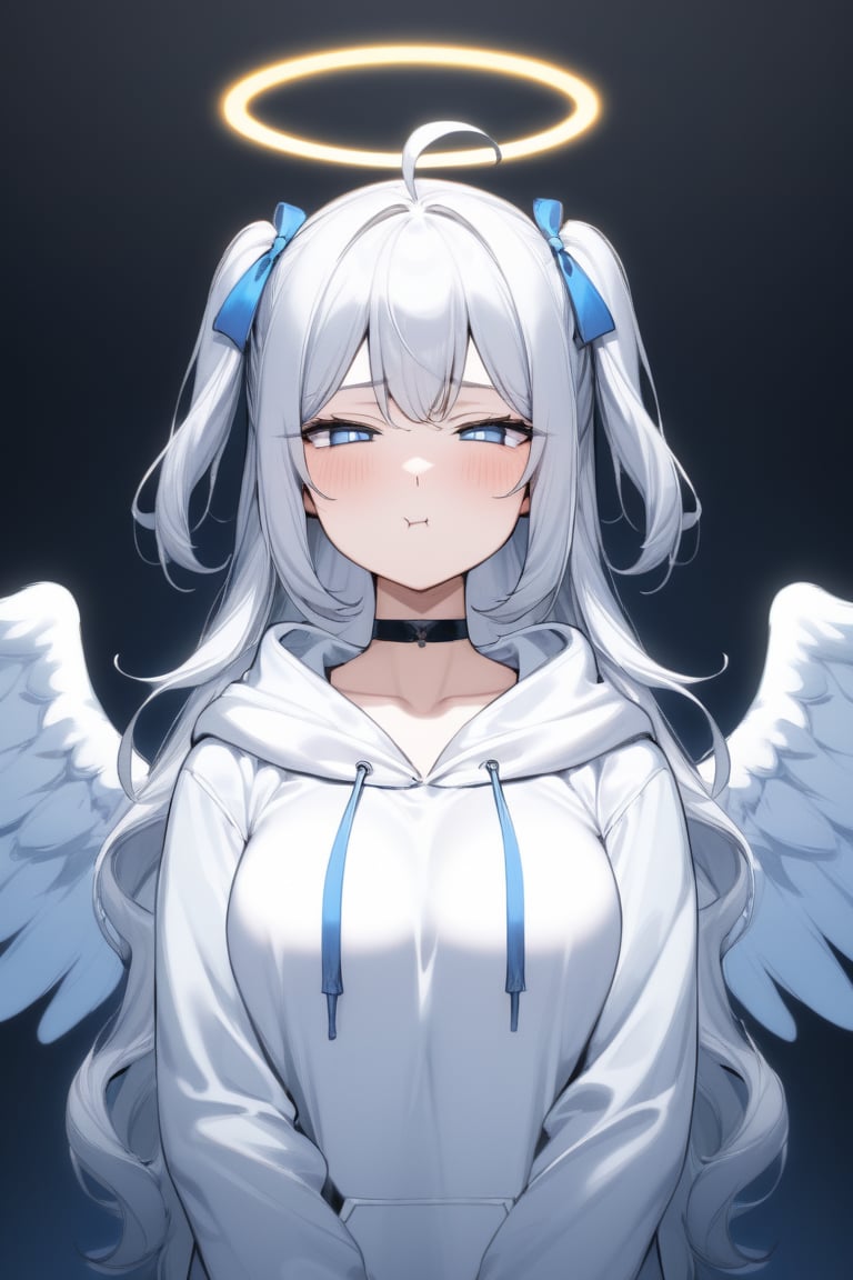  1girl, angel, white hair, long curly hair, (two side up), blue eyes, two blue bows on head, (Double golden halo on her head), choker, angel wings on back, ahoge, ((White long sleeve hoodie)), mature female, no pupils, straight-on, half-closed eyes, narrowed eyes, pout, blurry background, alp, (((neon theme))), perfect_hands, dark theme, vivid color, masterpiece, best quality, amazing quality, very aesthetic, absurdres, depth of field, score_9, archi-ghelber-style