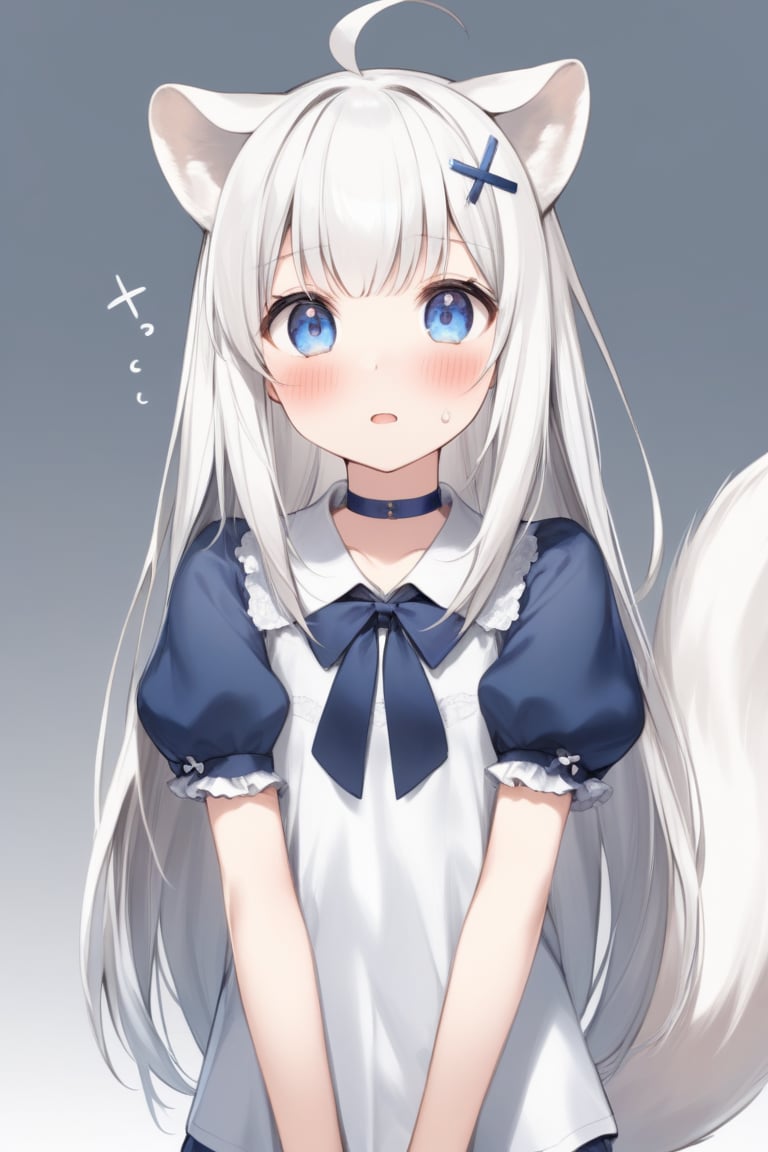 1girl, stoat girl, solo,  ((white hair)), very long hair, blue eyes, (straight hair), (bangs), animal ears, (stoat ears:1.2),
 Choker, ahoge, yaeba, (big white stoat Tail:1.2), (blue X hairpin), solo, long hair, blush, open mouth, bangs, blue eyes, shirt, underwear, upper body, short sleeves, sweat, puffy sleeves, collared shirt, puffy short sleeves, embarrassed, blue shirt