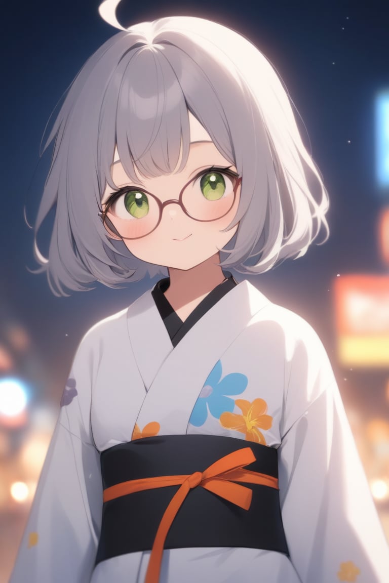 1girl, solo, (gray hair), green eyes, short hair, ahoge, (black round frame glasses:1.2), (black star hairpin), anime style, hair ornament, japanese clothes, flower, hair flower, kimono, looking at viewer, blurry background, blurry, upper body, white kimono, floral print, blush, closed mouth, letterboxed, print kimono, sidelocks, white flower, from side, yukata, short hair, blue flower, obi, night, depth of field, sash,holding, looking back, looking to the side, lips, outdoors, very beautiful girl, smiling, happy, himecut hairstyle, Tokyo, masterpiece quality, stunning image, masterpiece, 8K, stunning image, light particles, attractive image, reflections,  \medium\,Beautiful eyes,